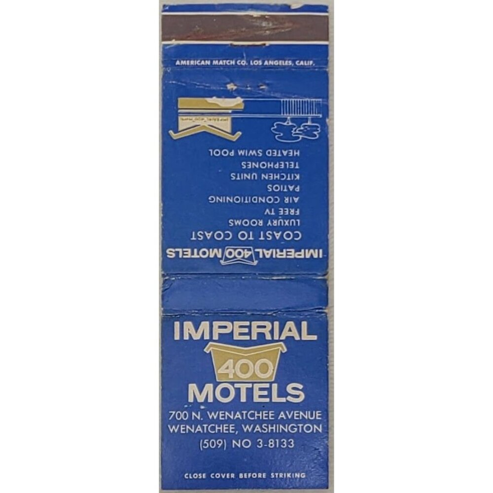 Vintage Matchbook Imperial 400 Motels Wenatchee Washington WA Roadside Hotel